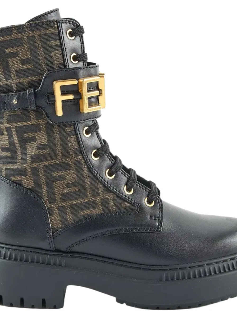 Fendi Black and Brown FF Logo Leather Combat Boot